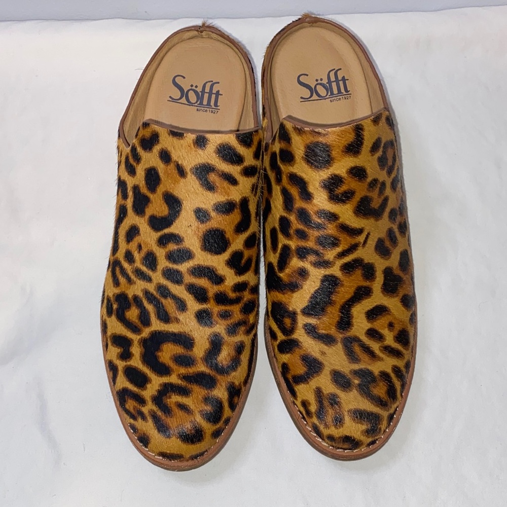 Sofft Ameera dyed cowhide cheetah print mules, 7.5, worn 1x, EUC